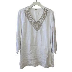 Symple NYC Linen Lagenlook Tunic Top Women M White Boho Beach Embroidery Coastal